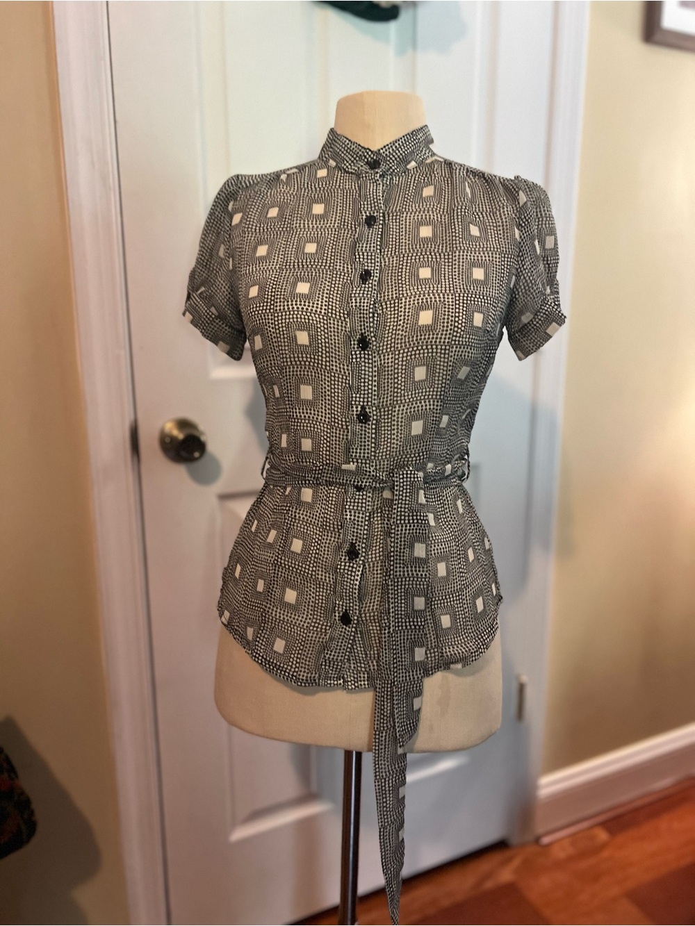 Vintage Byer California Black and White Geometric Button-Front Tie Waist Blouse